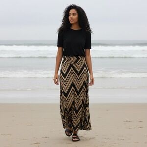 Robert Louis‎ Black Tan Chevron Zigzag Maxi Skirt O-Ring Detail Size M